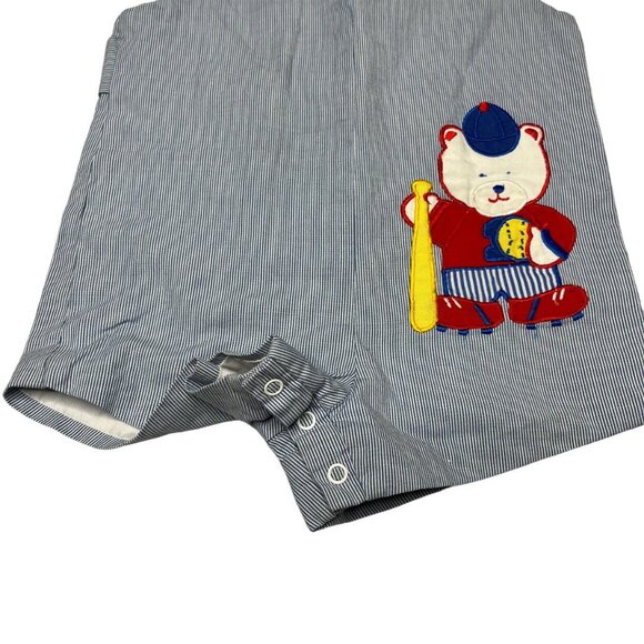 Nursery Rhyme Jon Jon Romper Boys Blue Striped Bear Baseball Embroidered Size 2T - Picture 6 of 7
